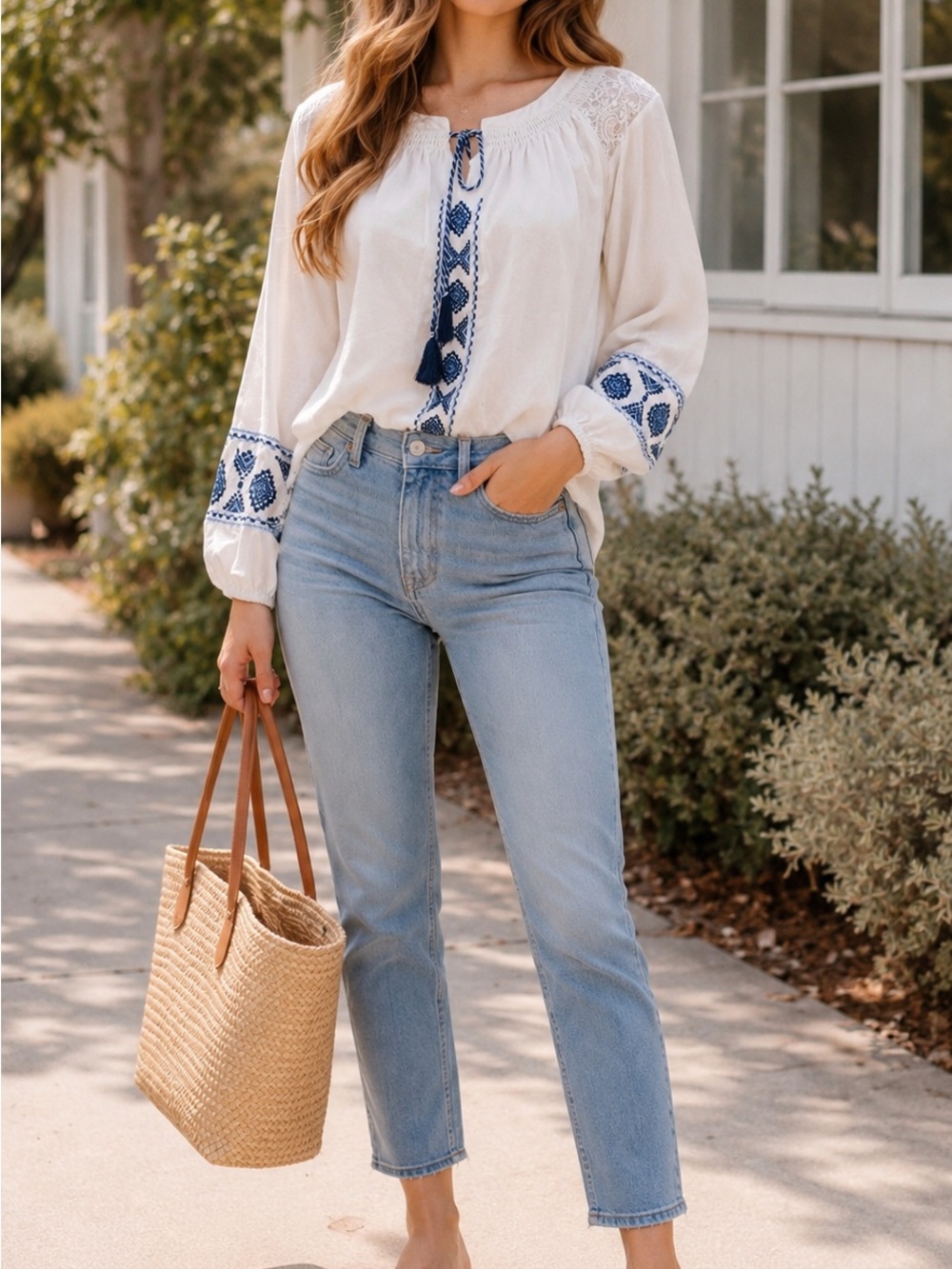 2 Set🦋Bohemian Embroidered Blouse & High Rise Jeans Outfit Set Size S